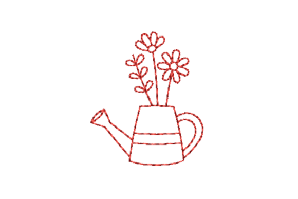 Floral Watering Can Outline Redwork